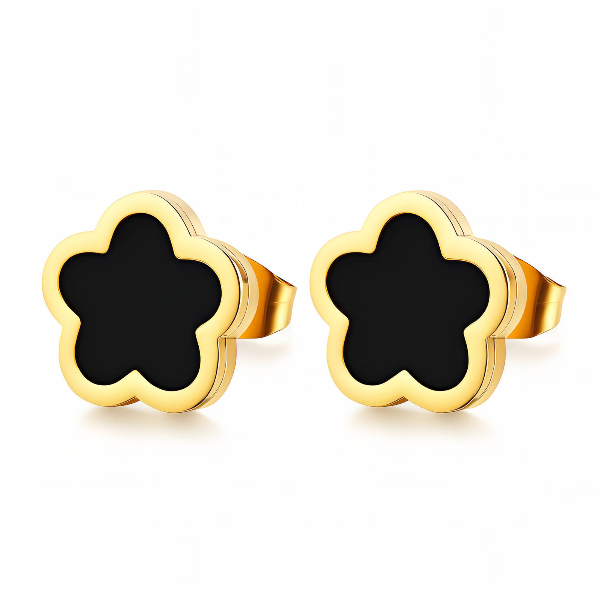 Black Flower Stud Earrings – 18K PVD Gold Plated Stainless Steel