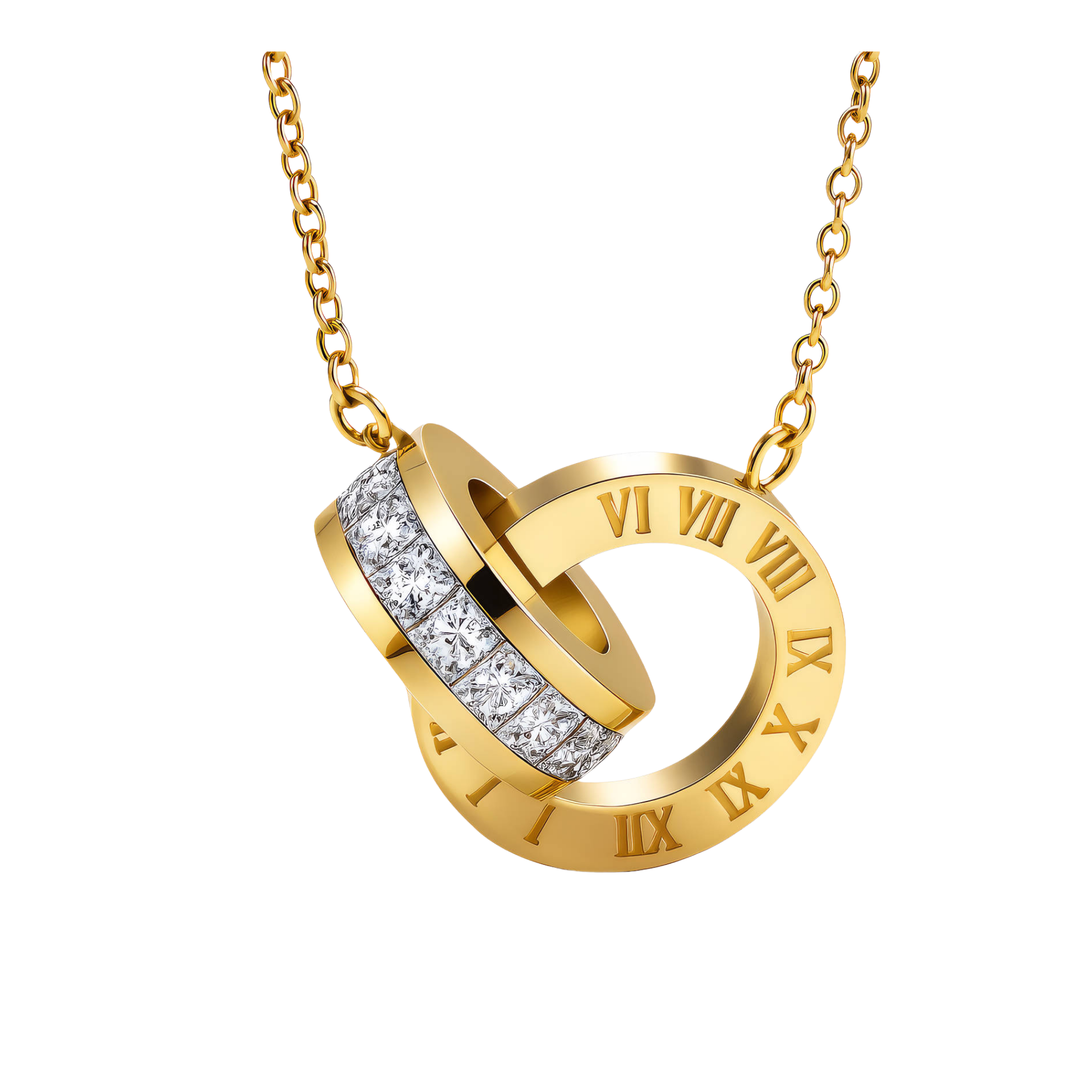 Roman Numeral Crystal Pendant Necklace – 18K PVD Gold Plated Stainless Steel