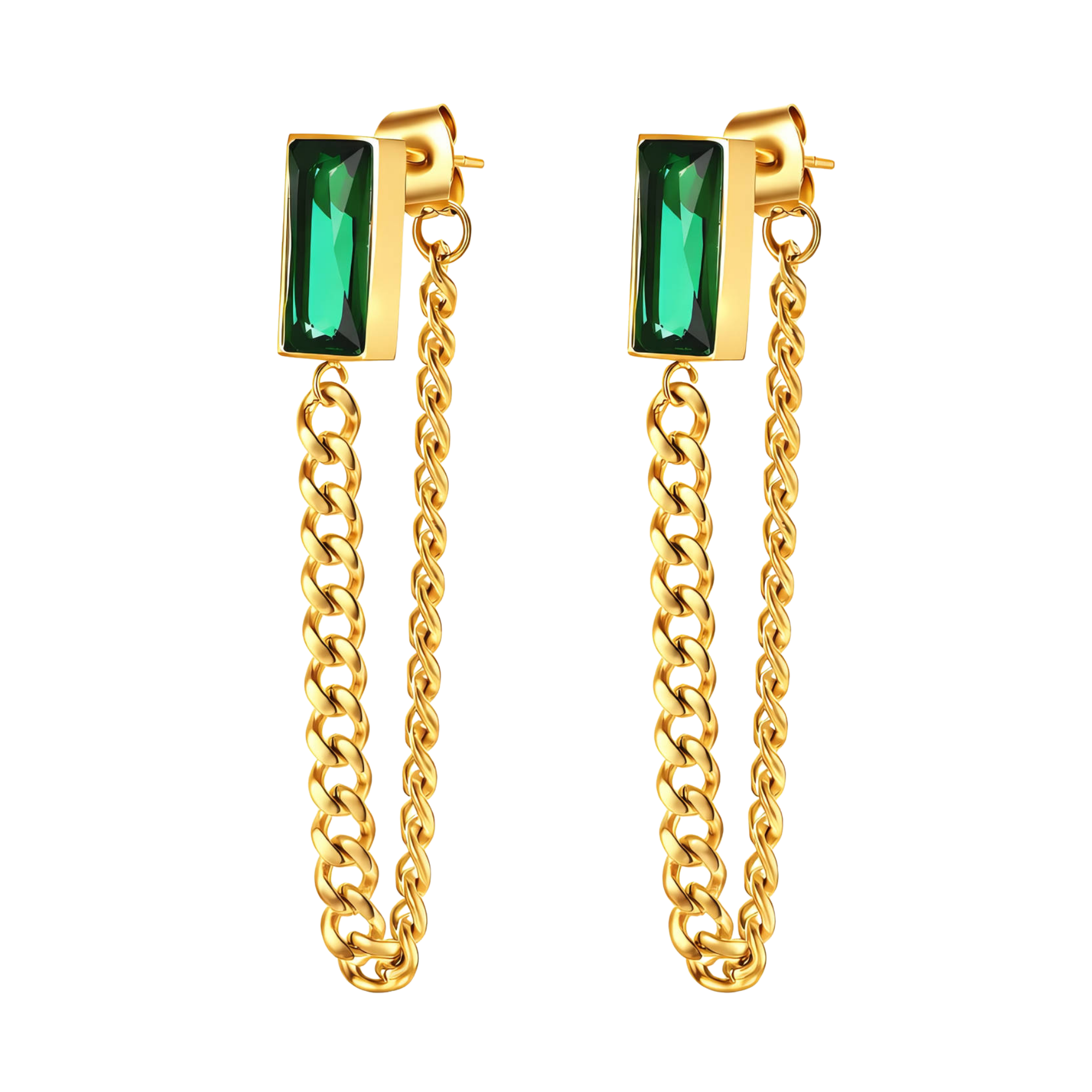 Emerald Green Cubic Zirconia Chain Drop Earrings – 18K PVD Gold Plated Stainless Steel