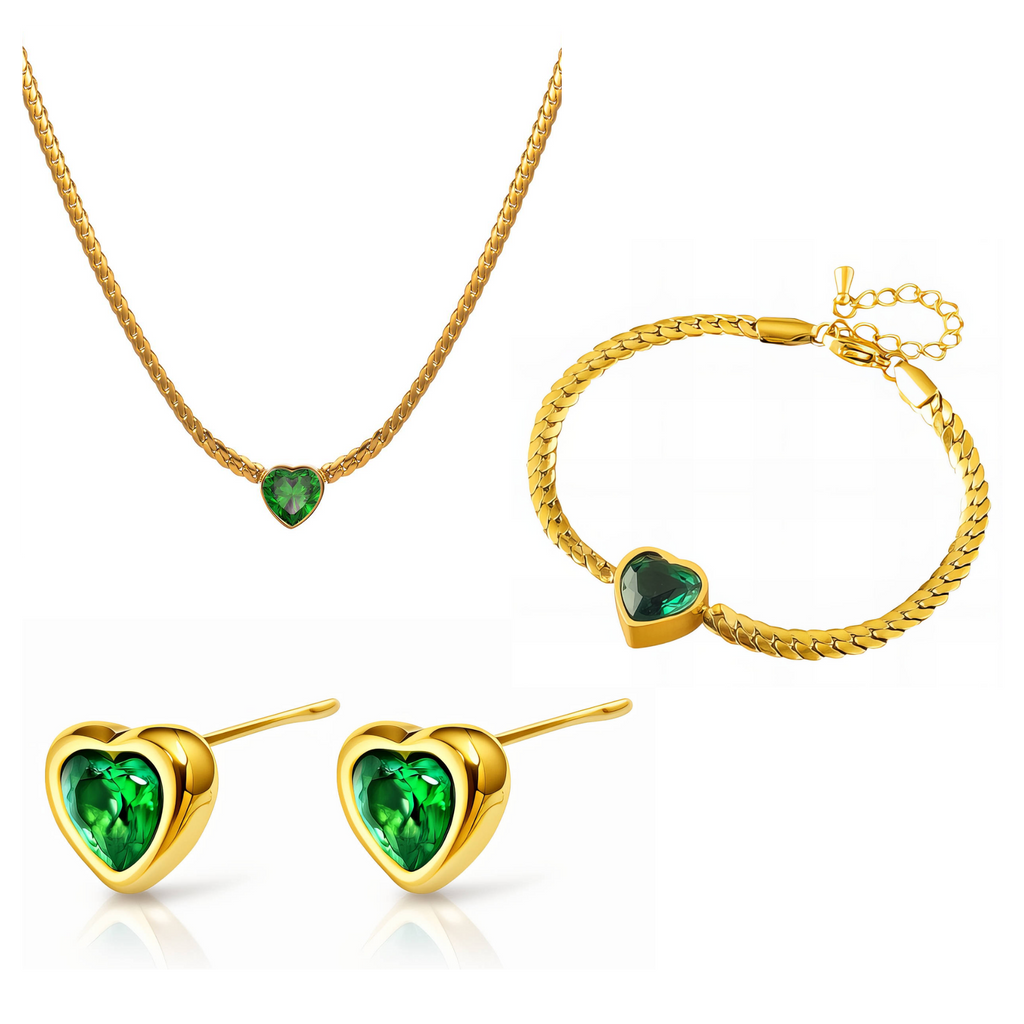 Emerald Heart Jewellery Set – 18K PVD Gold Plated Stainless Steel