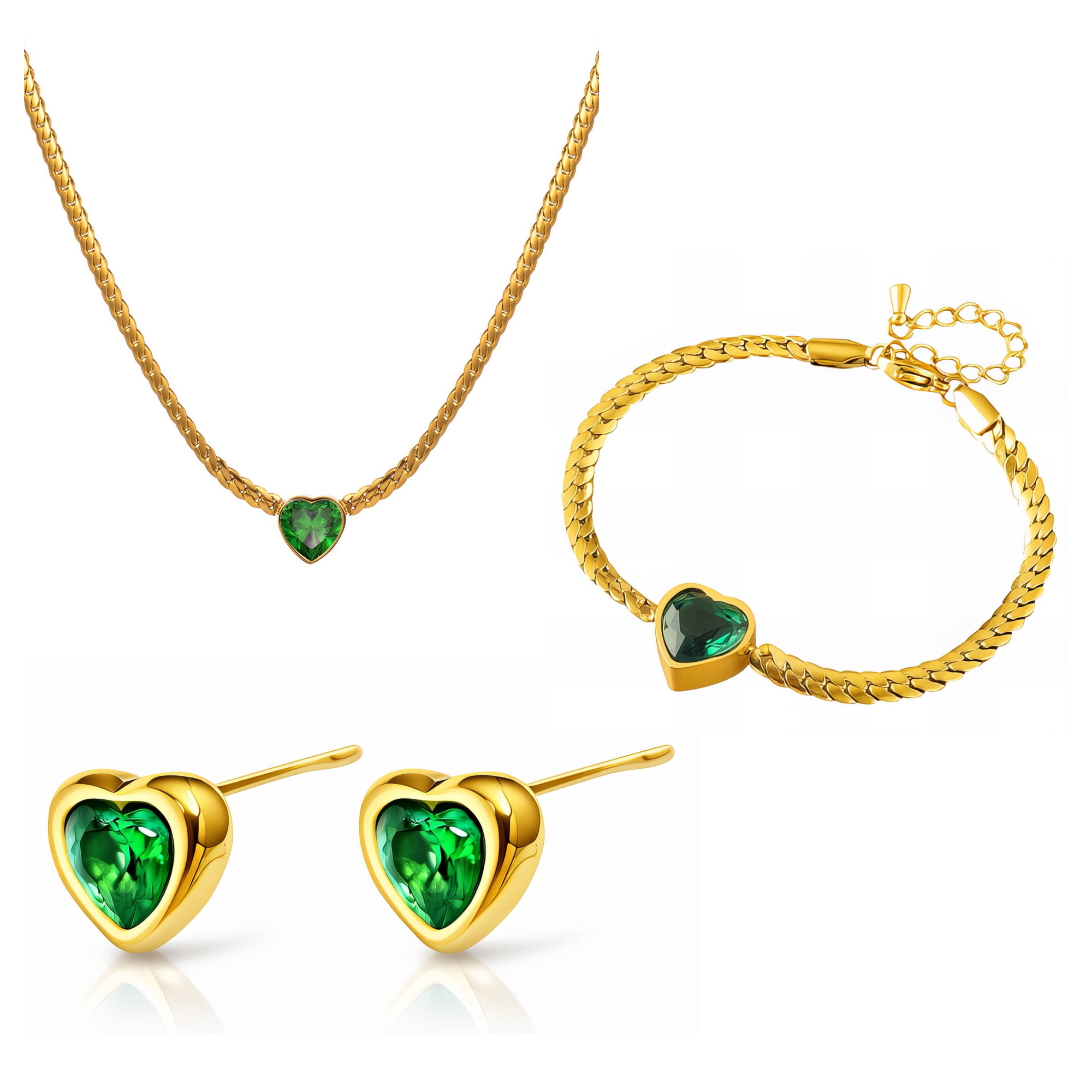 Emerald Heart Jewellery Set – 18K PVD Gold Plated Stainless Steel