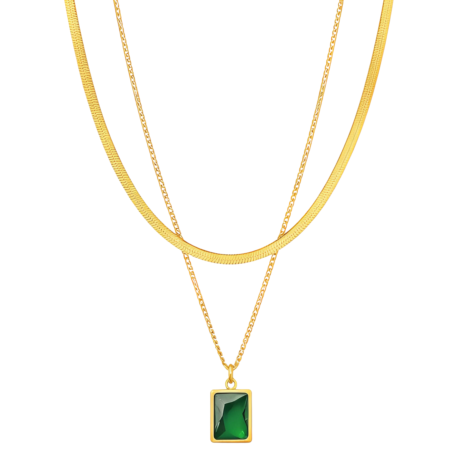 Emerald Cubic Zirconia Layered Necklace – 18K PVD Gold Plated Stainless Steel