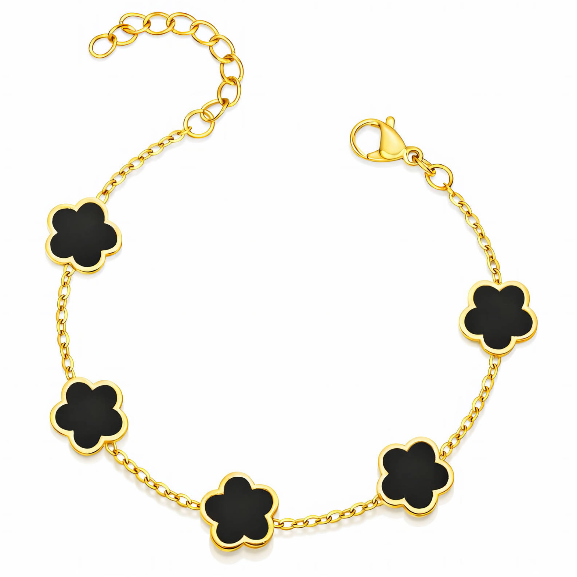Black Flower Charm Bracelet – 18K Gold-Plated Waterproof Jewellery
