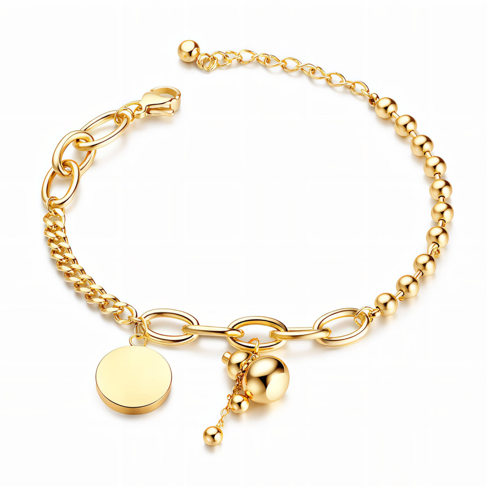 Gold Beaded Charm Chain Bracelet – 18K PVD Gold Plated Stainless Steel