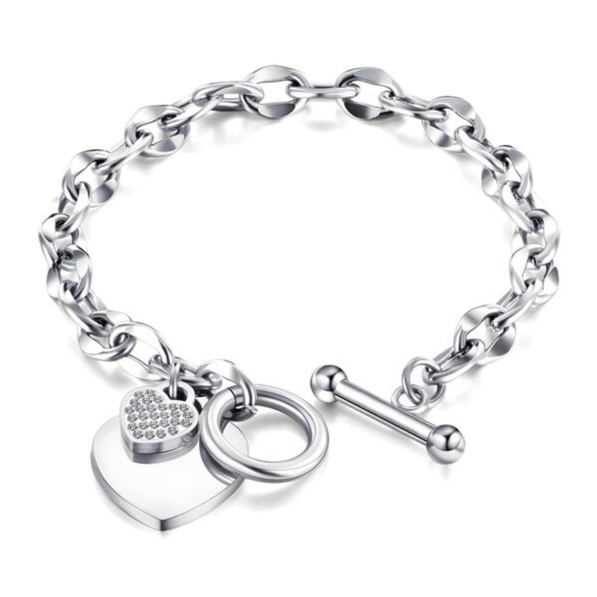 Silver Heart Charm Bracelet – Waterproof Stainless Steel with Cubic Zirconia